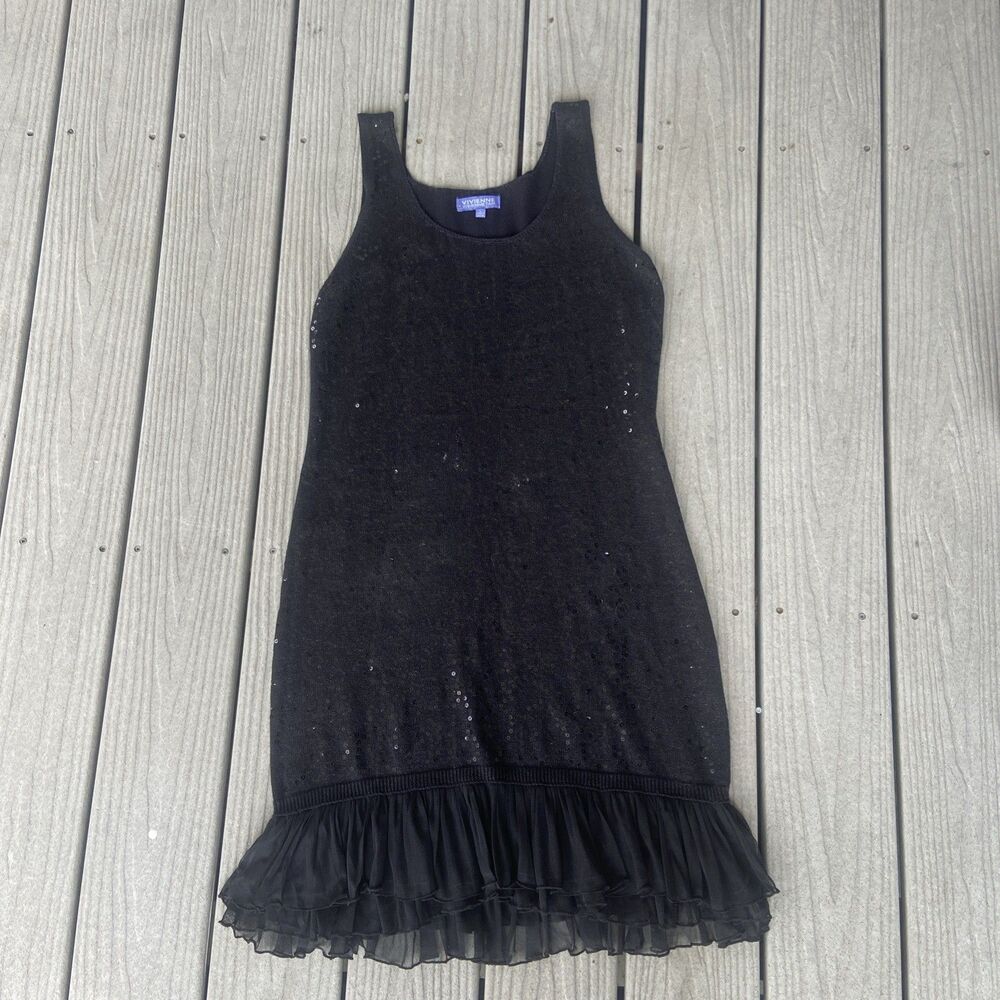 Vivienne Tam Y2K Black Sequined Dress Size L Ruffled Hem Stretchy Knit Sparkly